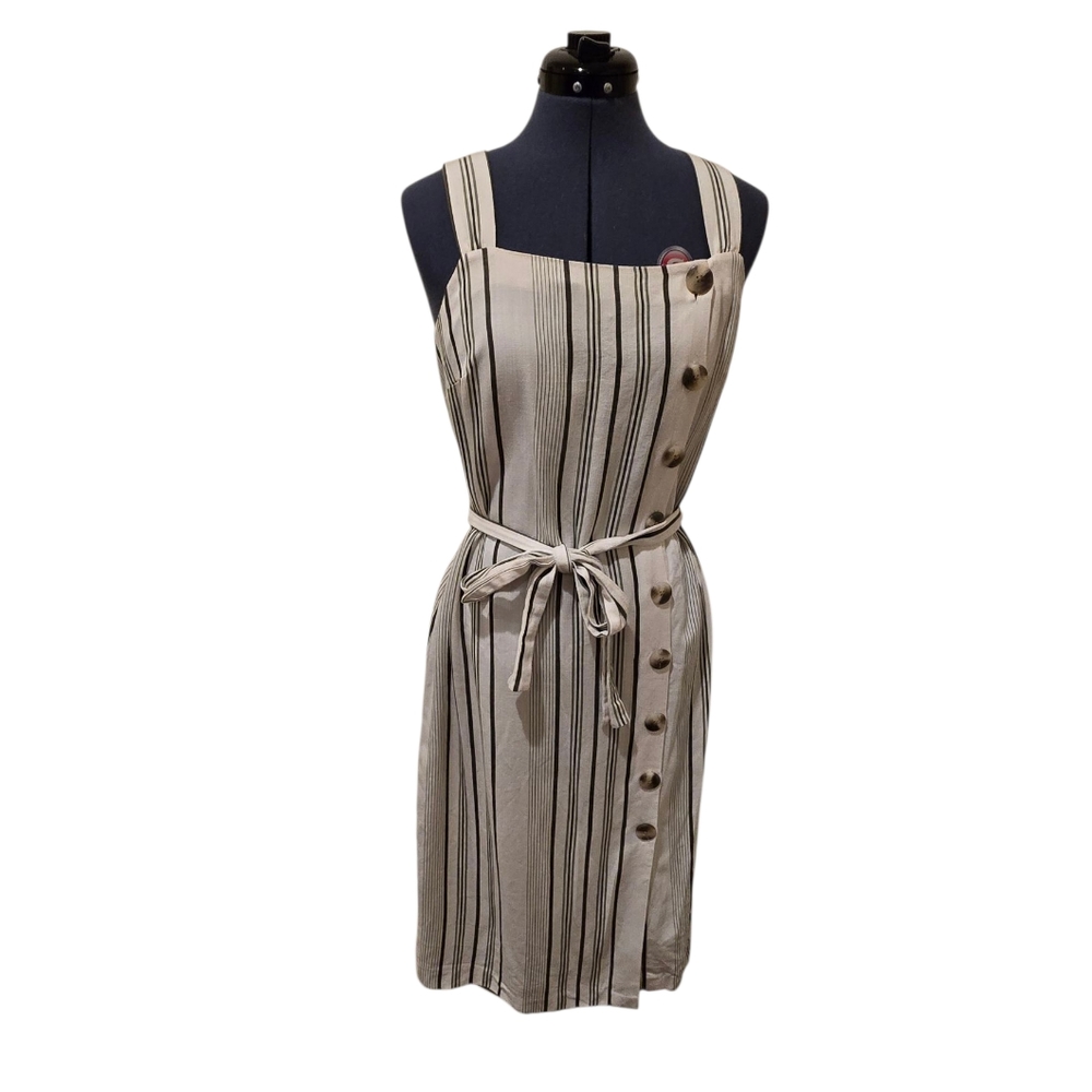 Ann Taylor Factory Cream And Green Striped Sleeveless Midi Dress Medium